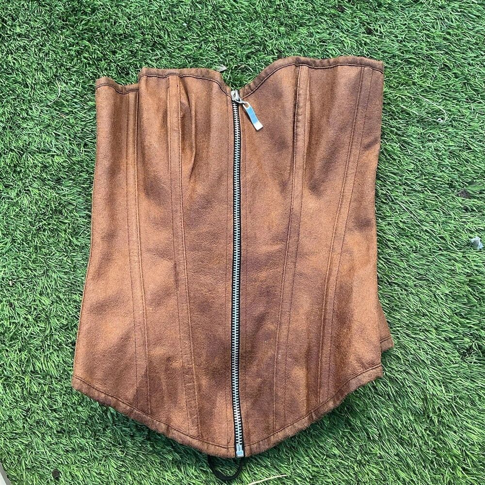 Brown Faux Suede Corset Bustier Size Small Lace Up Back Front Zip Steampunk